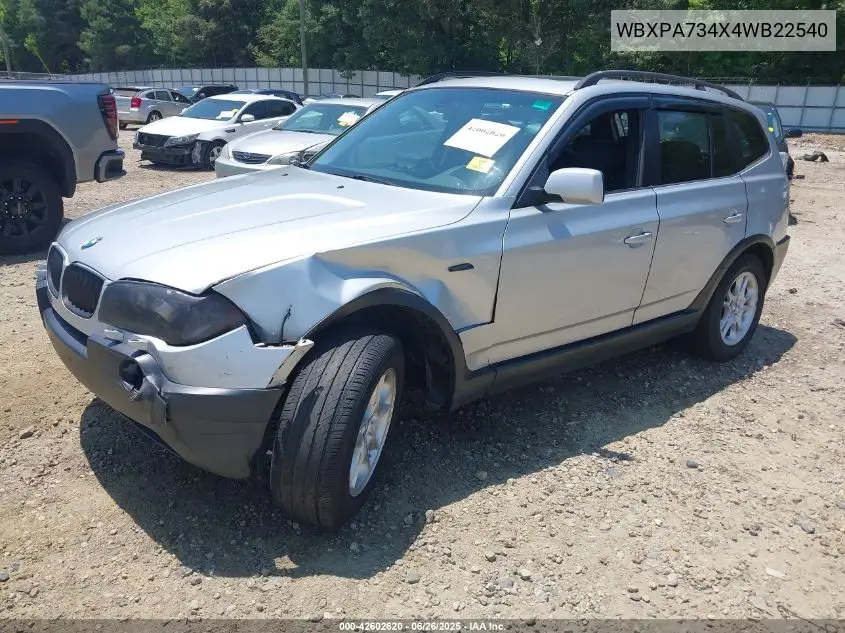 2004 BMW X3 2.5I VIN: WBXPA734X4WB22540 Lot: 42602620