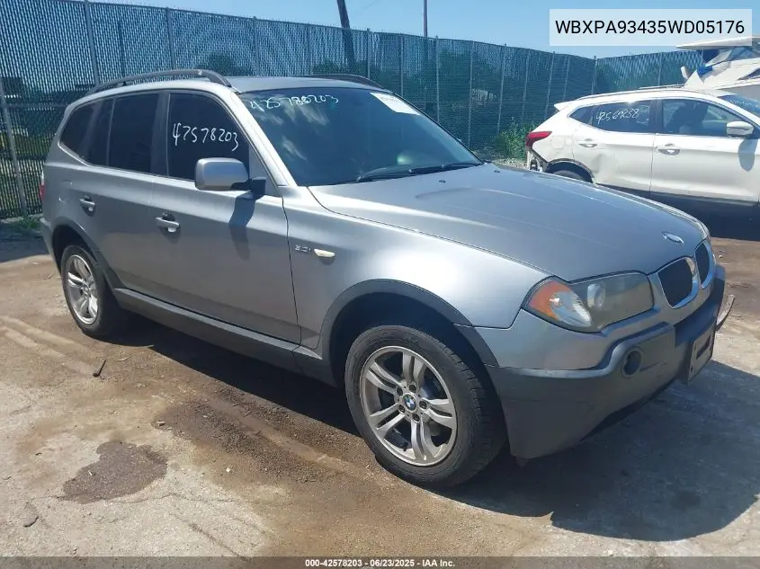 2005 BMW X3 3.0I VIN: WBXPA93435WD05176 Lot: 42578203
