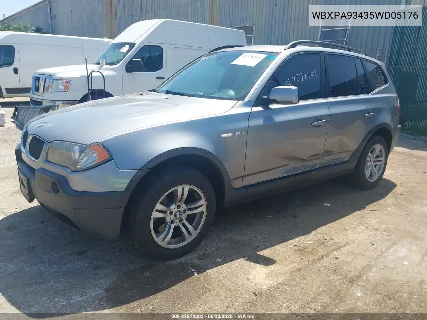 2005 BMW X3 3.0I VIN: WBXPA93435WD05176 Lot: 42578203