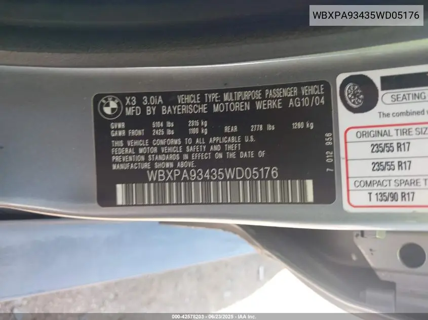 2005 BMW X3 3.0I VIN: WBXPA93435WD05176 Lot: 42578203