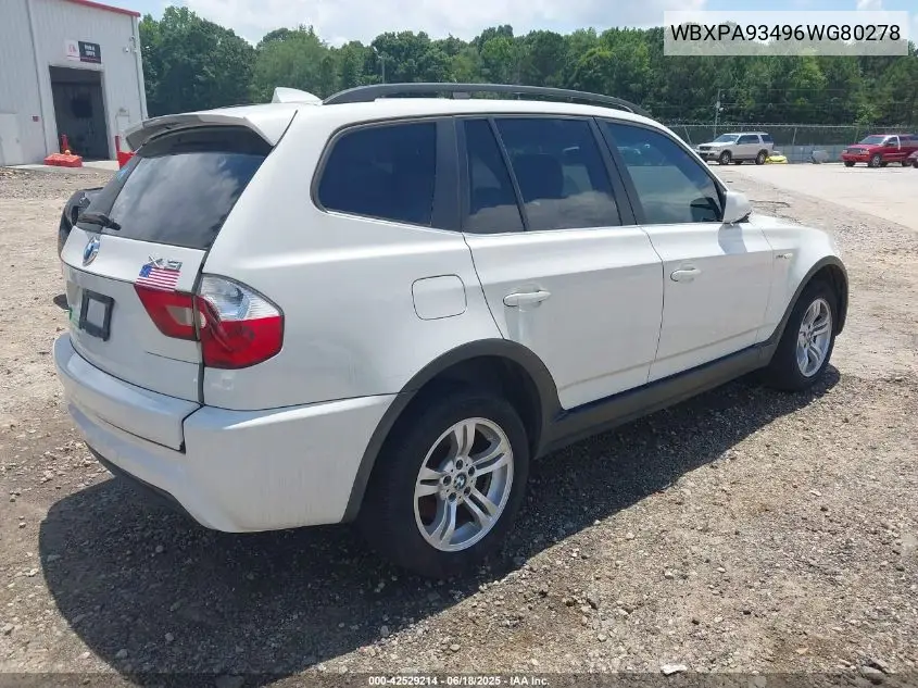 2006 BMW X3 3.0I VIN: WBXPA93496WG80278 Lot: 42529214