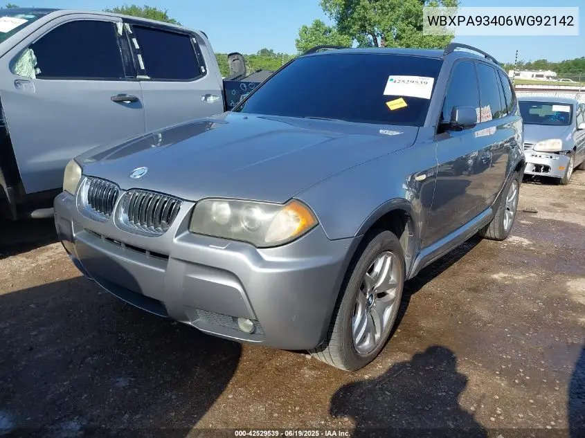 2006 BMW X3 3.0I VIN: WBXPA93406WG92142 Lot: 42529539