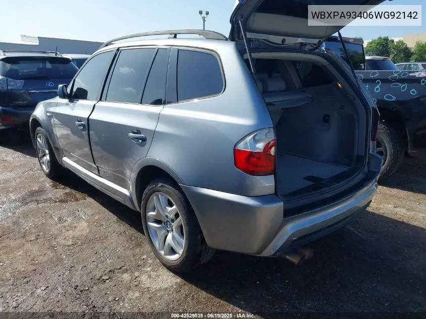 2006 BMW X3 3.0I VIN: WBXPA93406WG92142 Lot: 42529539