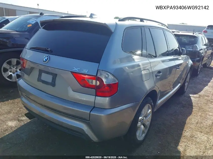 2006 BMW X3 3.0I VIN: WBXPA93406WG92142 Lot: 42529539