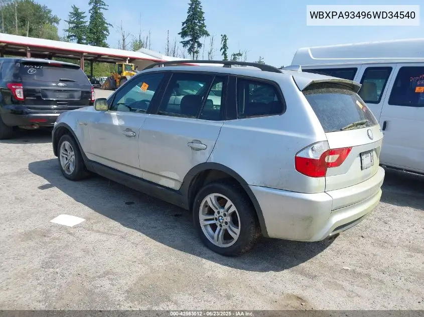 2006 BMW X3 3.0I VIN: WBXPA93496WD34540 Lot: 42563012