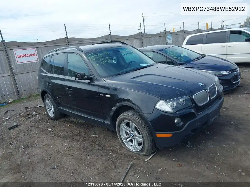 2008 BMW X3 3.0I VIN: WBXPC73488WE52922 Lot: 12315078