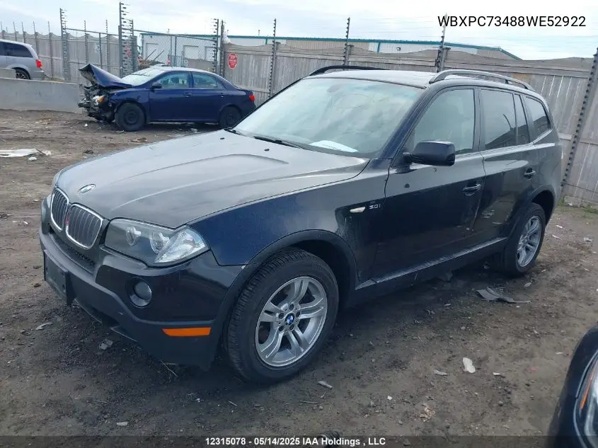 2008 BMW X3 3.0I VIN: WBXPC73488WE52922 Lot: 12315078