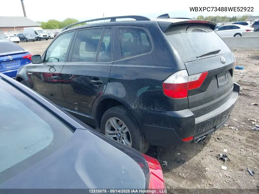 2008 BMW X3 3.0I VIN: WBXPC73488WE52922 Lot: 12315078
