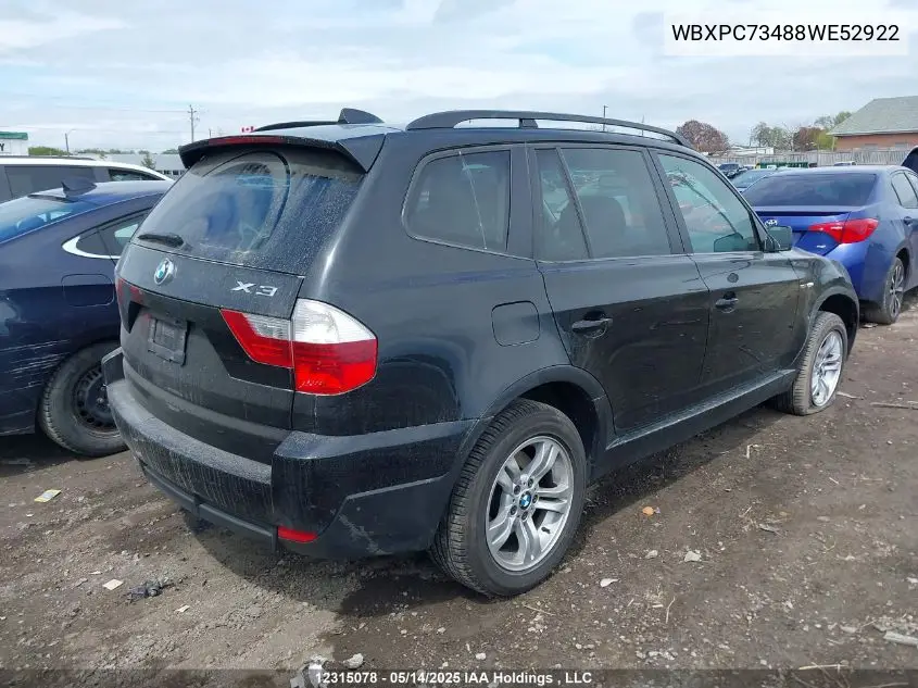 2008 BMW X3 3.0I VIN: WBXPC73488WE52922 Lot: 12315078