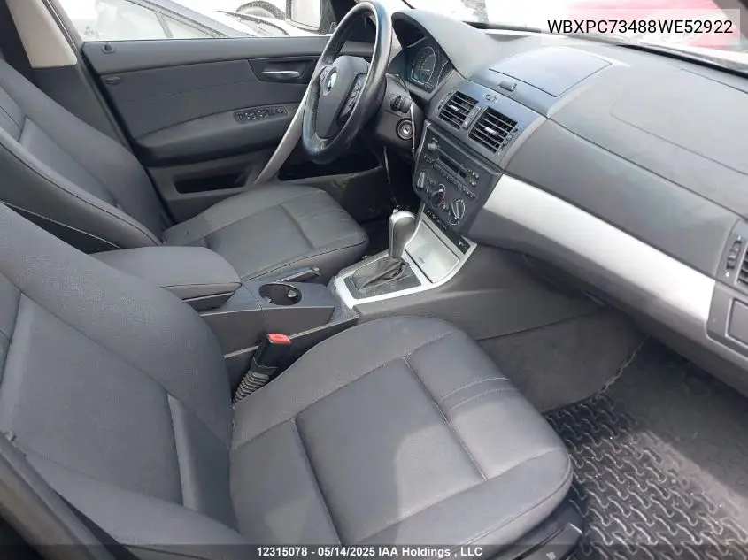 2008 BMW X3 3.0I VIN: WBXPC73488WE52922 Lot: 12315078