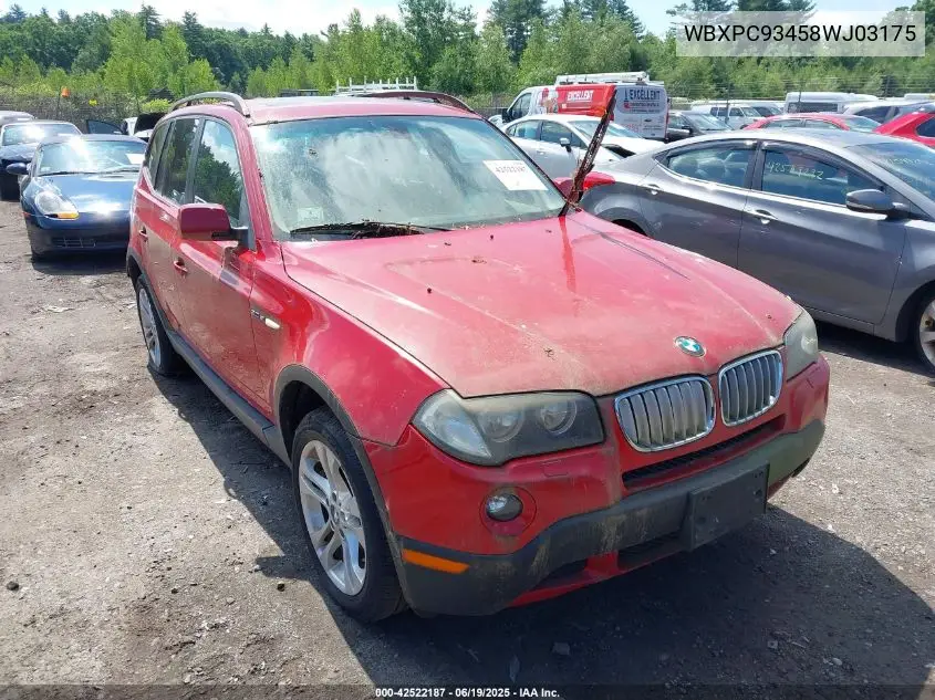2008 BMW X3 3.0Si VIN: WBXPC93458WJ03175 Lot: 42522187