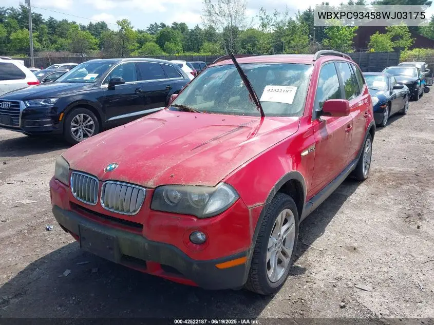 2008 BMW X3 3.0Si VIN: WBXPC93458WJ03175 Lot: 42522187