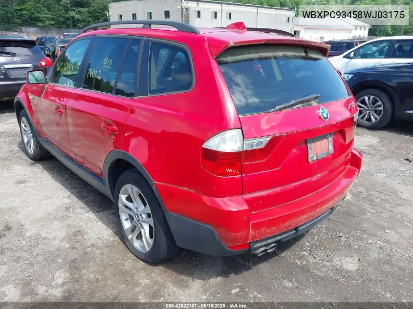 2008 BMW X3 3.0Si VIN: WBXPC93458WJ03175 Lot: 42522187