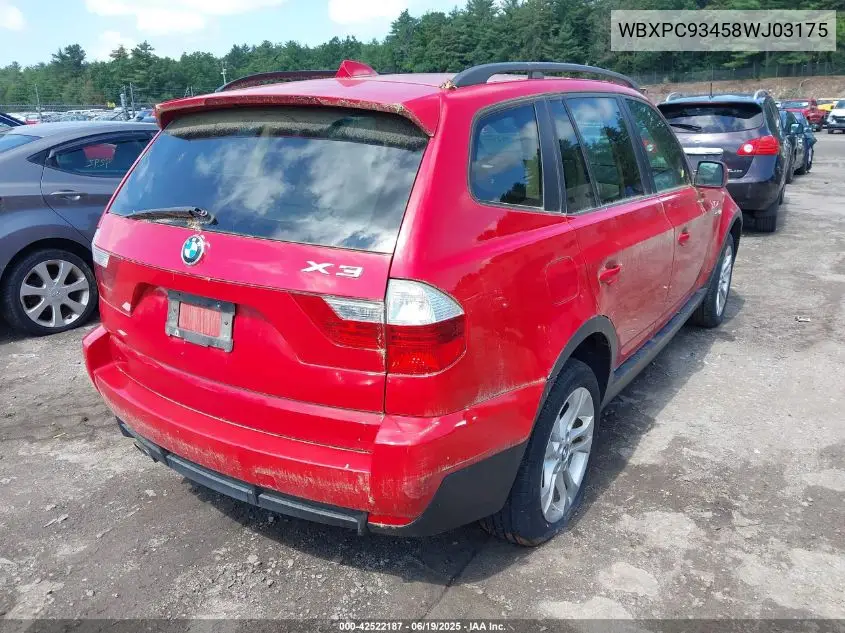 2008 BMW X3 3.0Si VIN: WBXPC93458WJ03175 Lot: 42522187