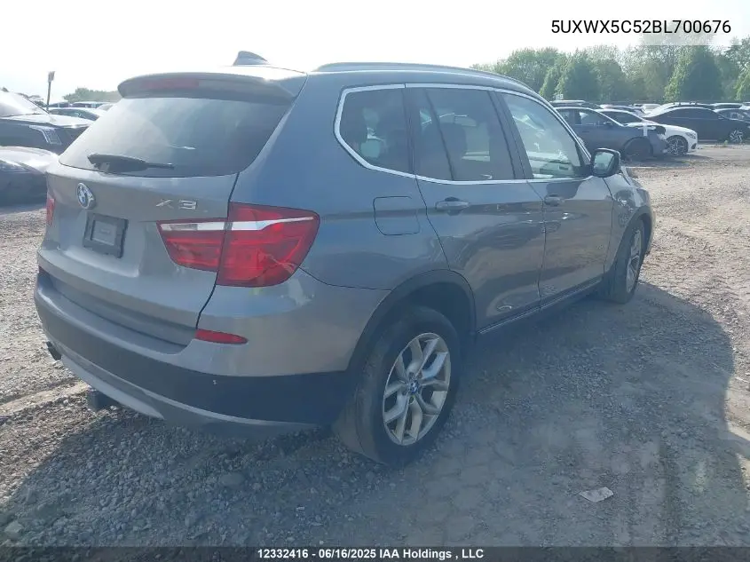 2011 BMW X3 xDrive28I VIN: 5UXWX5C52BL700676 Lot: 12332416