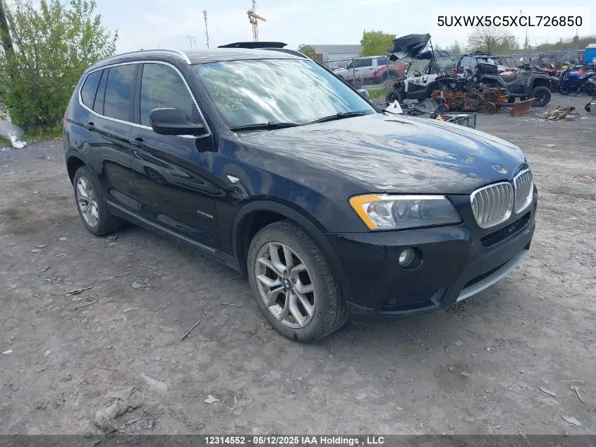 2012 BMW X3 xDrive28I VIN: 5UXWX5C5XCL726850 Lot: 12314552