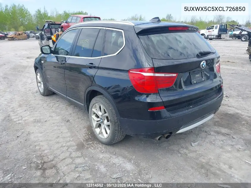 2012 BMW X3 xDrive28I VIN: 5UXWX5C5XCL726850 Lot: 12314552