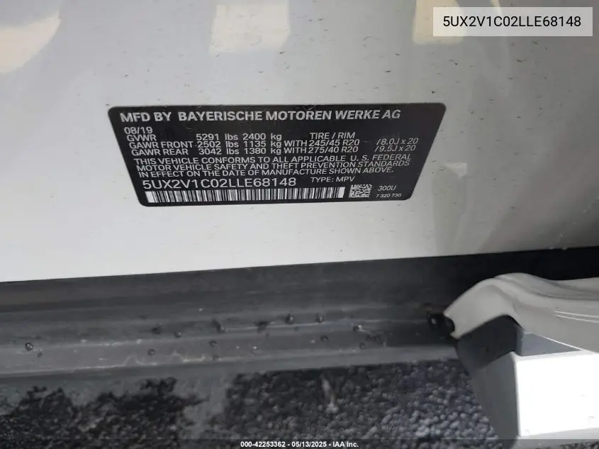 2020 BMW X4 xDrive30I VIN: 5UX2V1C02LLE68148 Lot: 42253362