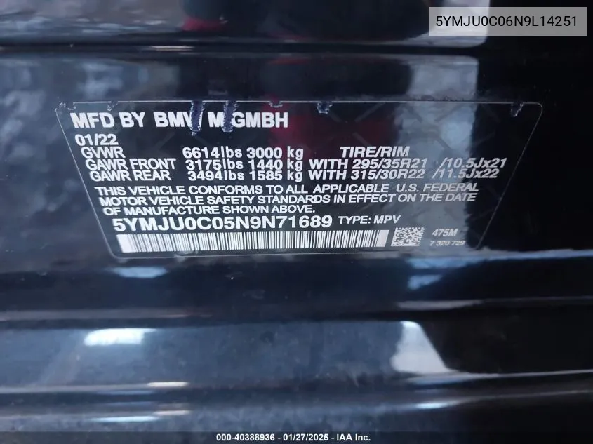 2022 BMW X5 M VIN: 5YMJU0C06N9L14251 Lot: 40388936
