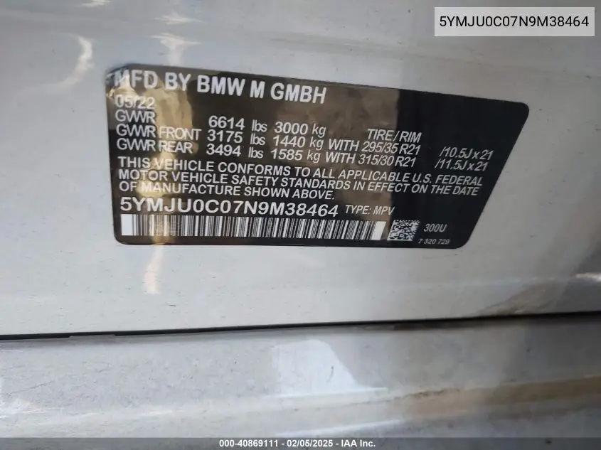 2022 BMW X5 M VIN: 5YMJU0C07N9M38464 Lot: 40869111
