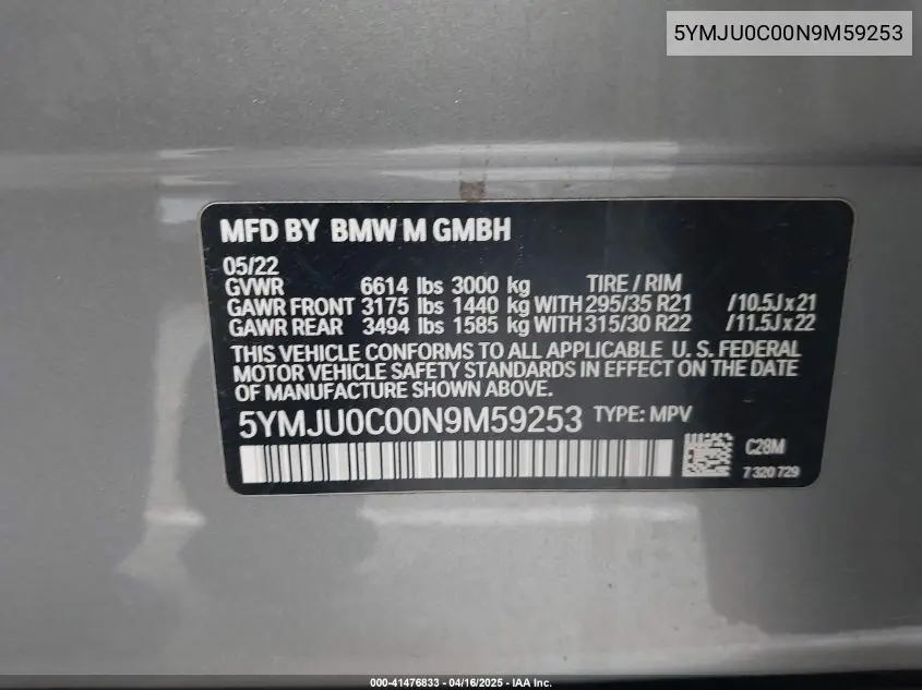 2022 BMW X5 M VIN: 5YMJU0C00N9M59253 Lot: 41476833