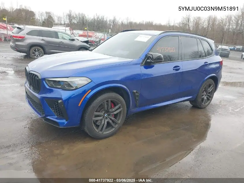 2022 BMW X5 M VIN: 5YMJU0C03N9M51891 Lot: 41737922