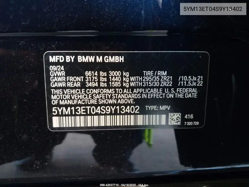 2025 BMW X5 M Competition VIN: 5YM13ET04S9Y13402 Lot: 42037710