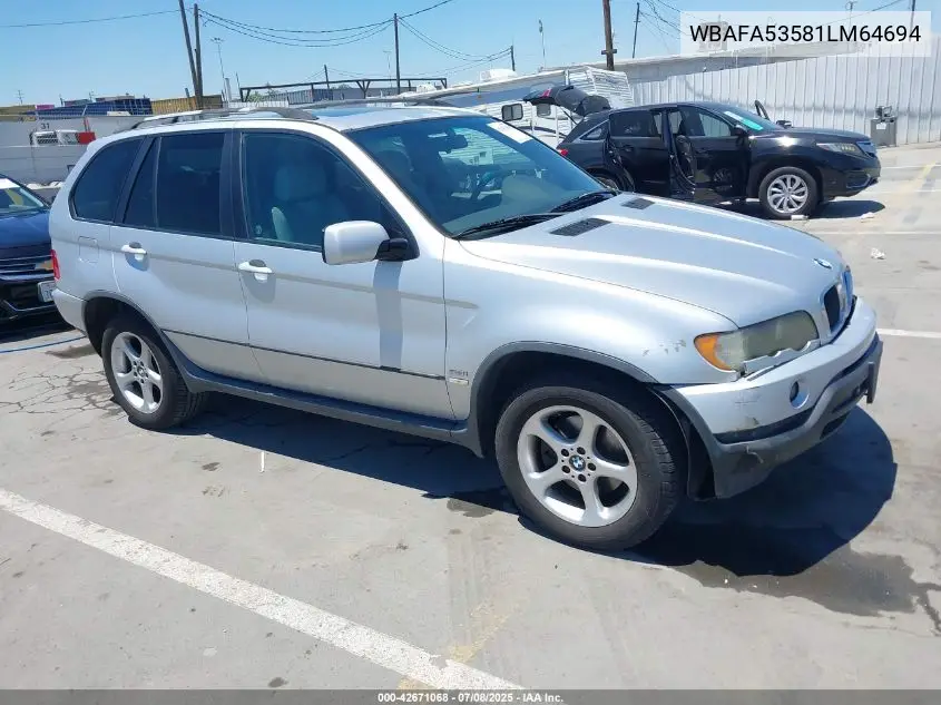 2001 BMW X5 3.0 VIN: WBAFA53581LM64694 Lot: 42671068