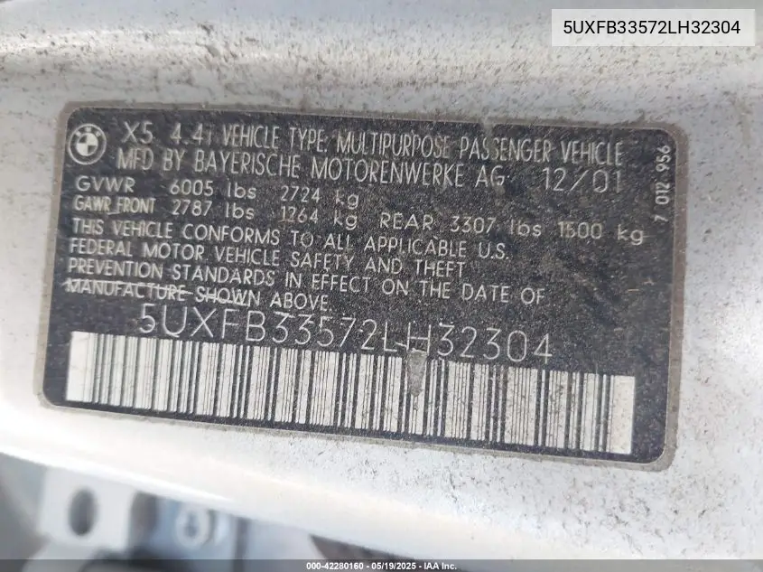 2002 BMW X5 4.4I VIN: 5UXFB33572LH32304 Lot: 42280160