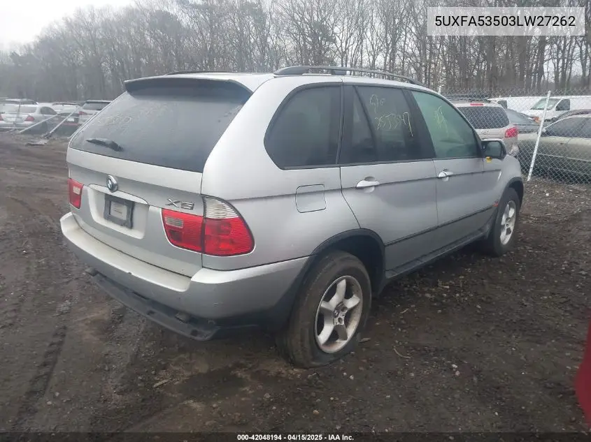 2003 BMW X5 3.0I VIN: 5UXFA53503LW27262 Lot: 42048194