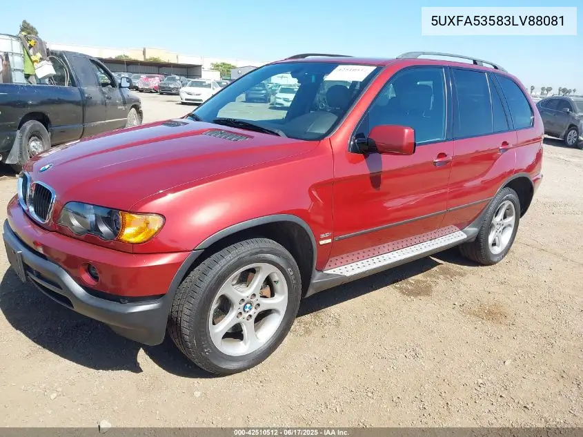 2003 BMW X5 3.0I VIN: 5UXFA53583LV88081 Lot: 42510512