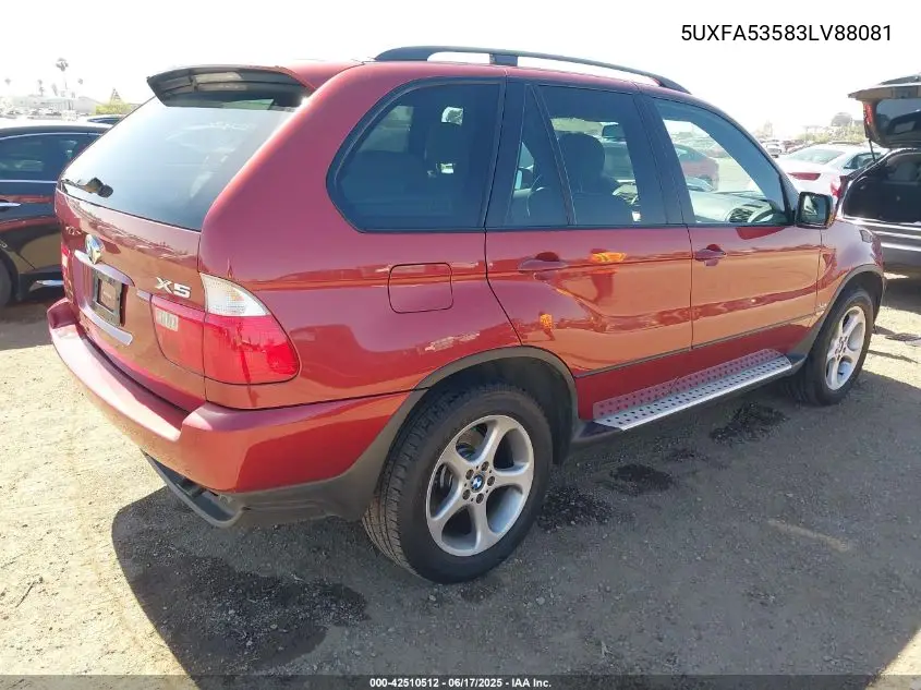 2003 BMW X5 3.0I VIN: 5UXFA53583LV88081 Lot: 42510512
