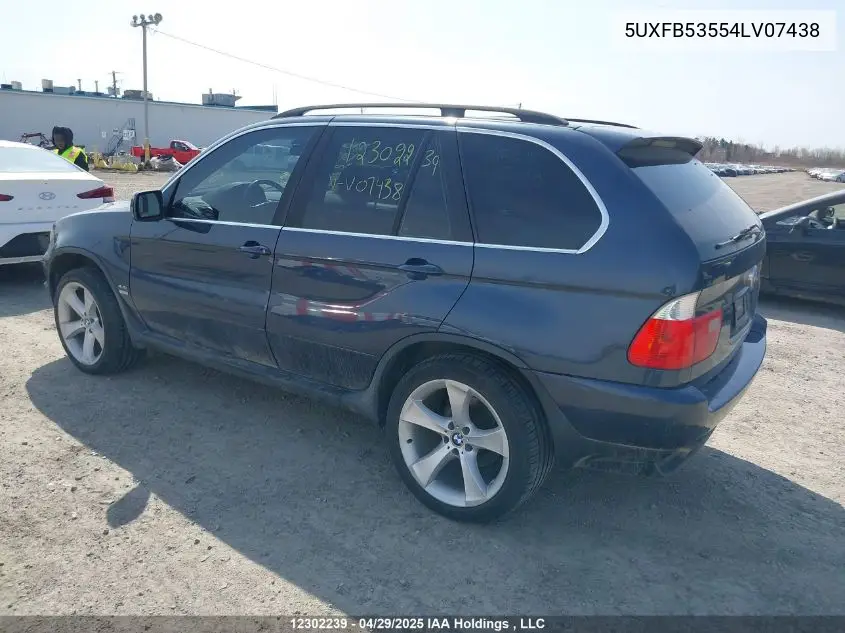 2004 BMW X5 4.4I VIN: 5UXFB53554LV07438 Lot: 12302239