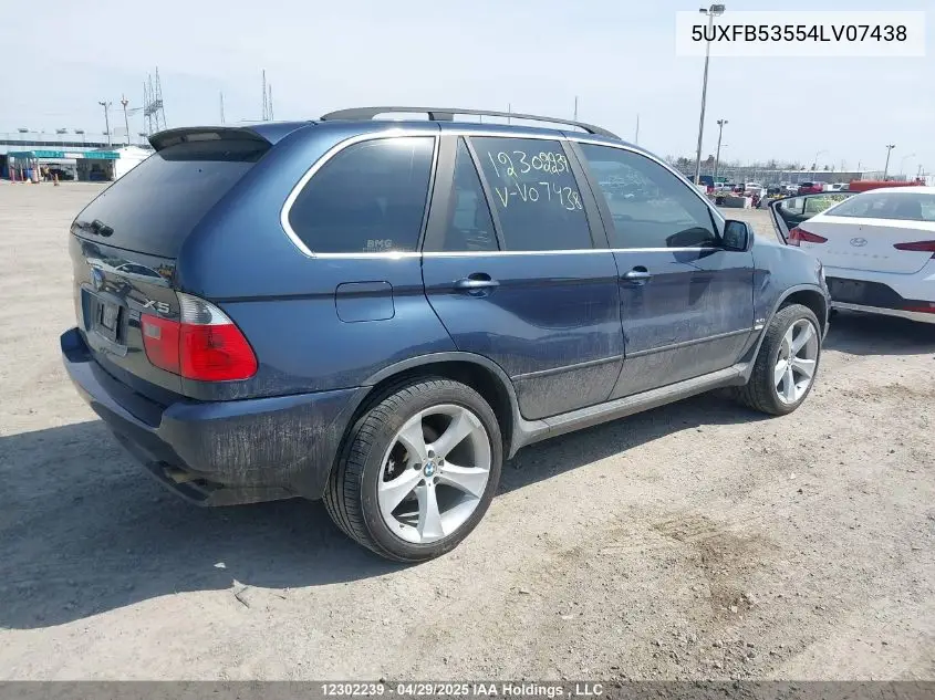 2004 BMW X5 4.4I VIN: 5UXFB53554LV07438 Lot: 12302239
