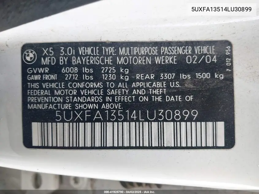 2004 BMW X5 3.0I VIN: 5UXFA13514LU30899 Lot: 41925790