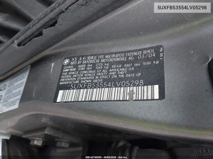 2004 BMW X5 4.4I VIN: 5UXFB53554LV05298 Lot: 42195305