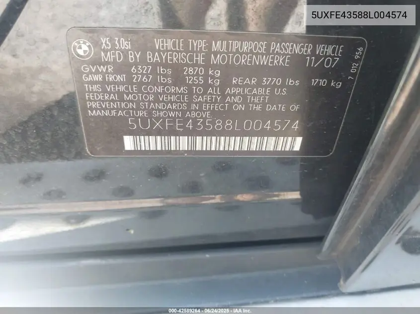 2008 BMW X5 3.0Si VIN: 5UXFE43588L004574 Lot: 42589264