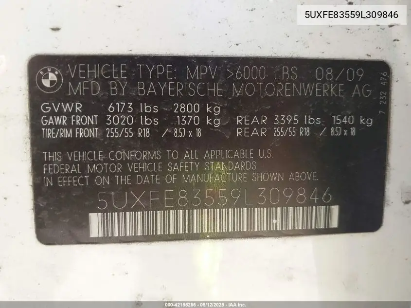 2009 BMW X5 xDrive48I VIN: 5UXFE83559L309846 Lot: 42155286