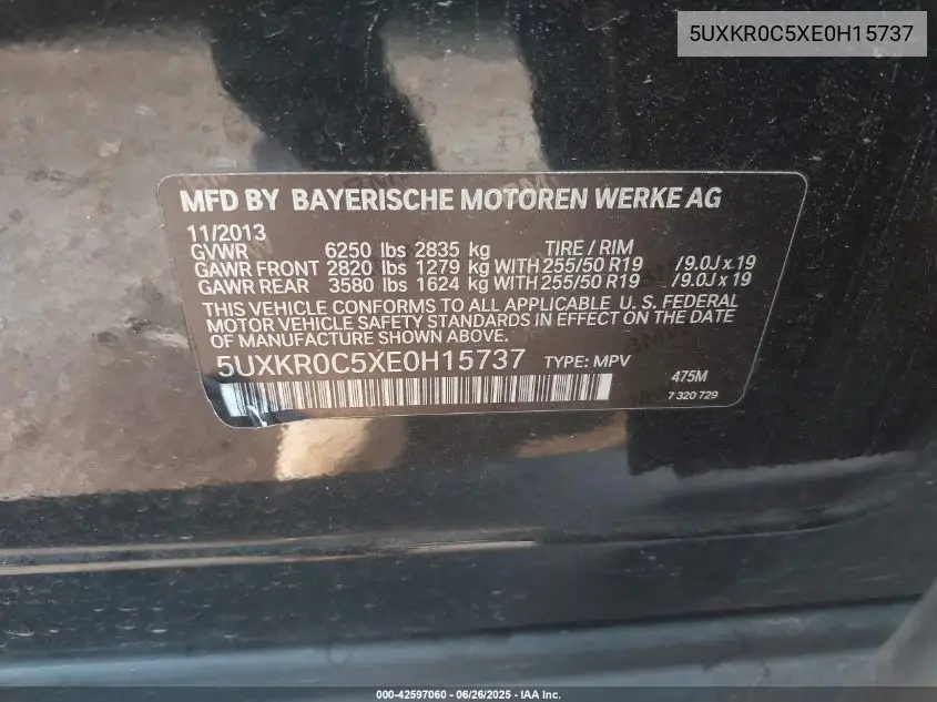 2014 BMW X5 xDrive35I VIN: 5UXKR0C5XE0H15737 Lot: 42597060