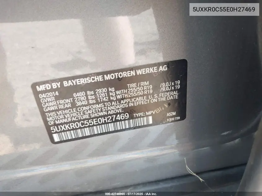 2014 BMW X5 xDrive35I VIN: 5UXKR0C55E0H27469 Lot: 42746965