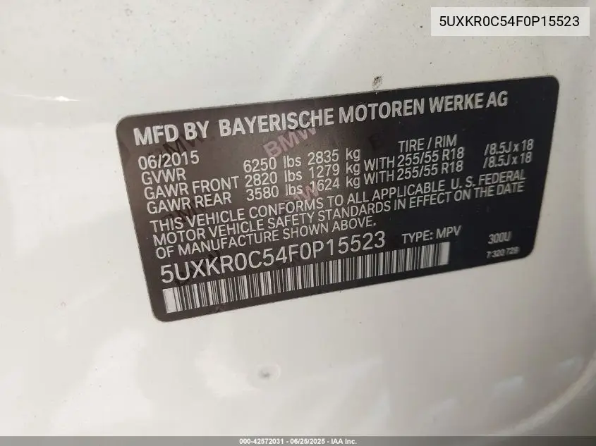 2015 BMW X5 xDrive35I VIN: 5UXKR0C54F0P15523 Lot: 42572031