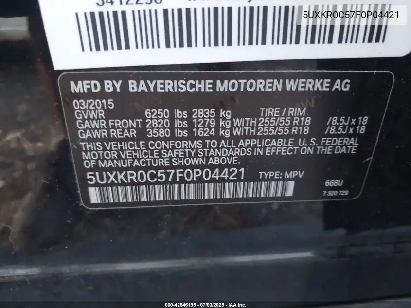 2015 BMW X5 xDrive35I VIN: 5UXKR0C57F0P04421 Lot: 42646195