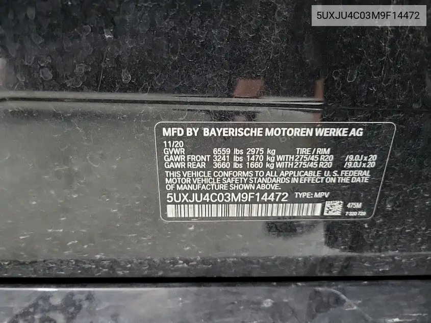 2021 BMW X5 M50I VIN: 5UXJU4C03M9F14472 Lot: 42626507