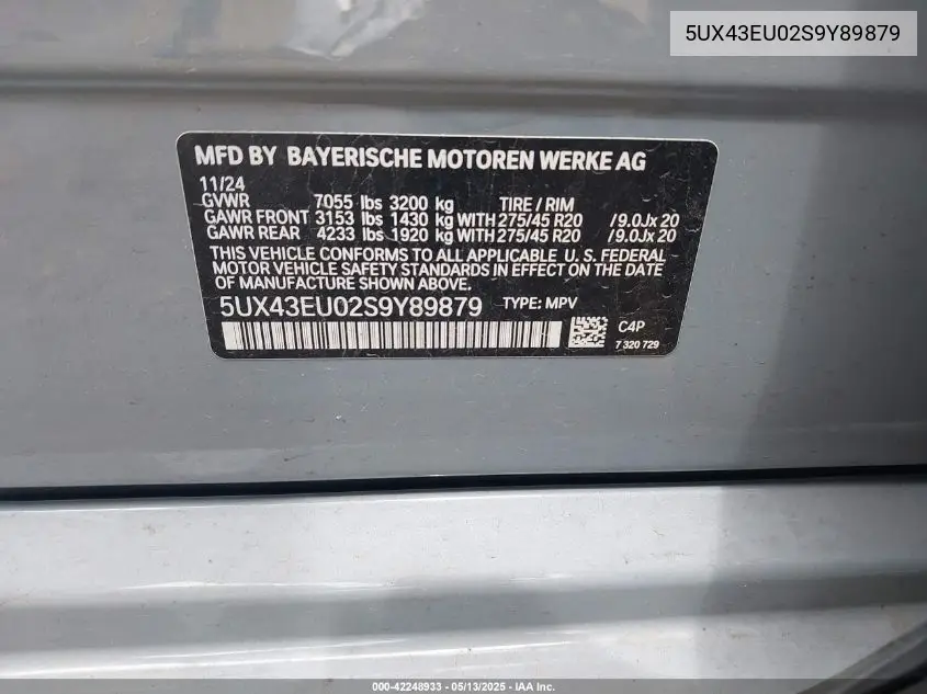 2025 BMW X5 Phev xDrive50E VIN: 5UX43EU02S9Y89879 Lot: 42248933