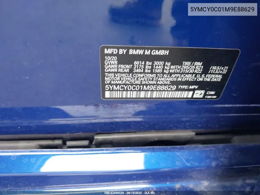 2021 BMW X6 M VIN: 5YMCY0C01M9E88629 Lot: 42469329