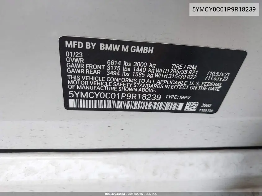 2023 BMW X6 M VIN: 5YMCY0C01P9R18239 Lot: 42243183