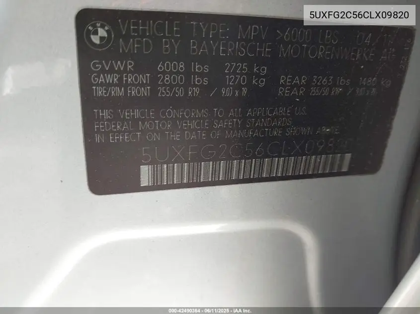 2012 BMW X6 xDrive35I VIN: 5UXFG2C56CLX09820 Lot: 42490364