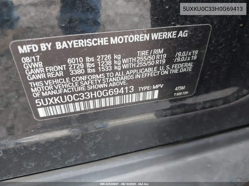 2017 BMW X6 Sdrive35I VIN: 5UXKU0C33H0G69413 Lot: 42528507