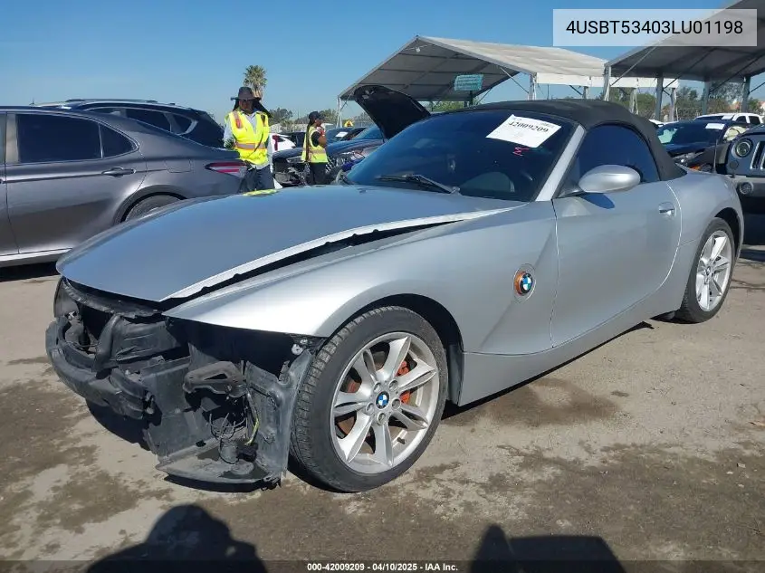 2003 BMW Z4 3.0I VIN: 4USBT53403LU01198 Lot: 42009209