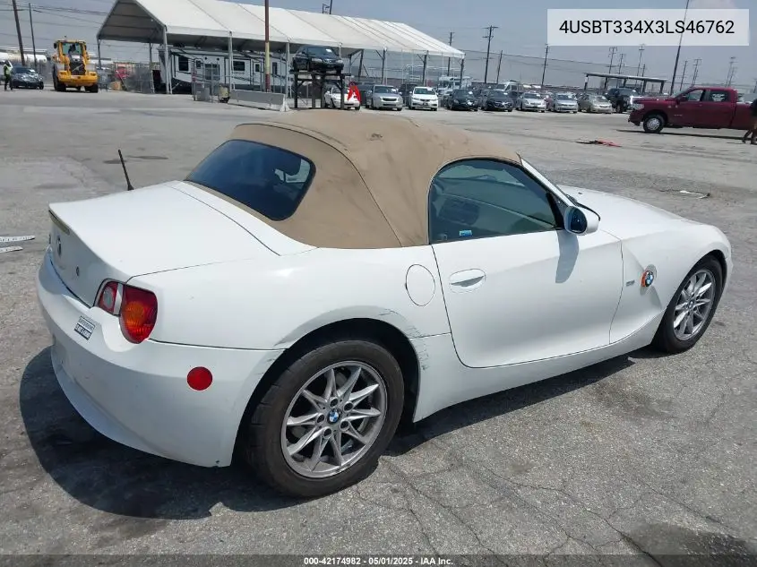 2003 BMW Z4 2.5I VIN: 4USBT334X3LS46762 Lot: 42174982